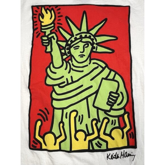 KEITH HARING Mens XXL White S/S Graphic T-SHIRT Statue of Liberty NYC Art EUC - Picture 2 of 7